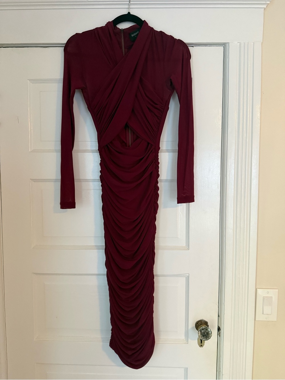Bardot Wine Ruched Long-Sleeve Bodycon Dress